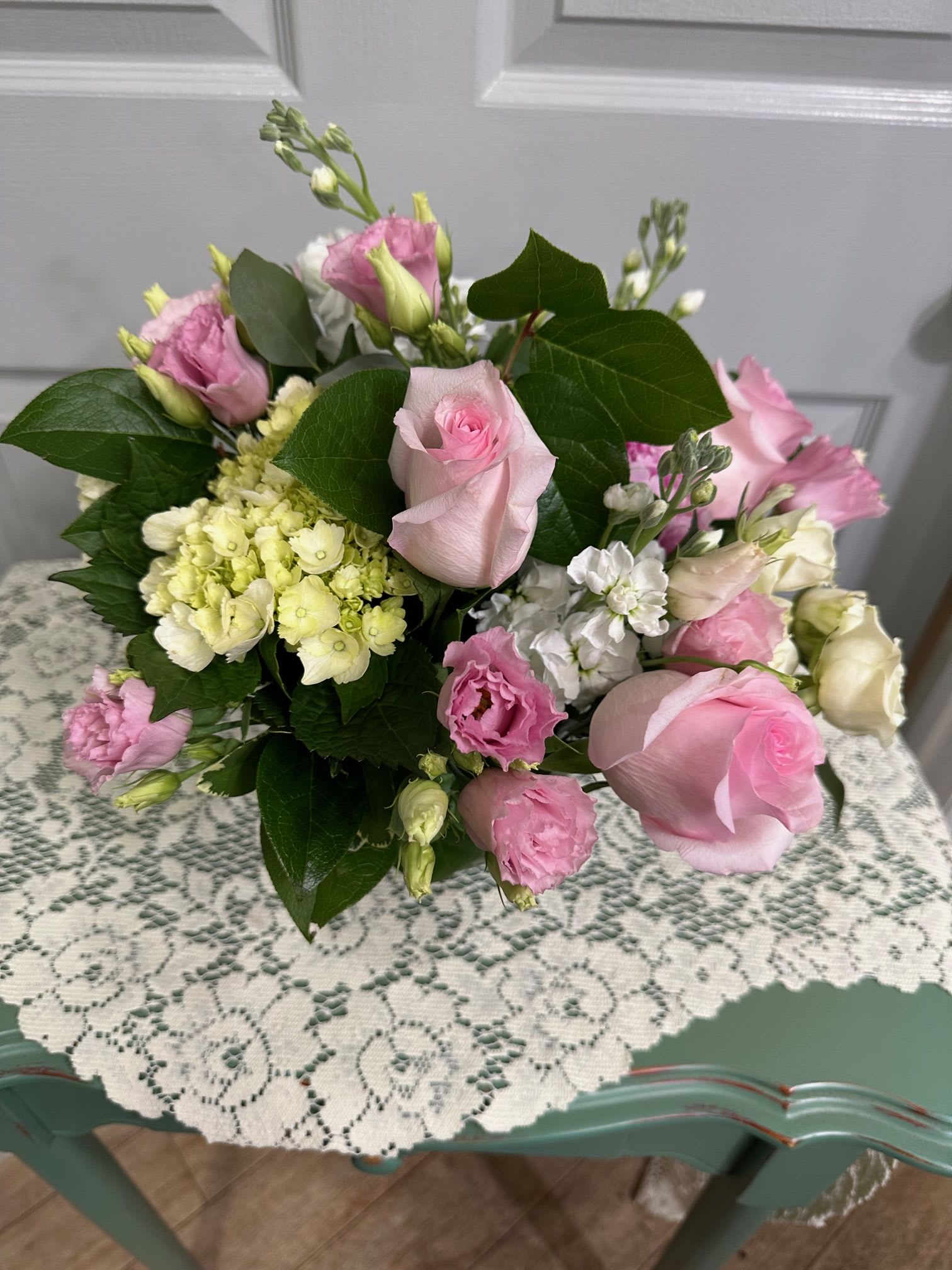 Blooms Pink Summer - Roses, Spray Roses, Hydrangea, Stock, Lisianthus, Fancy Greens