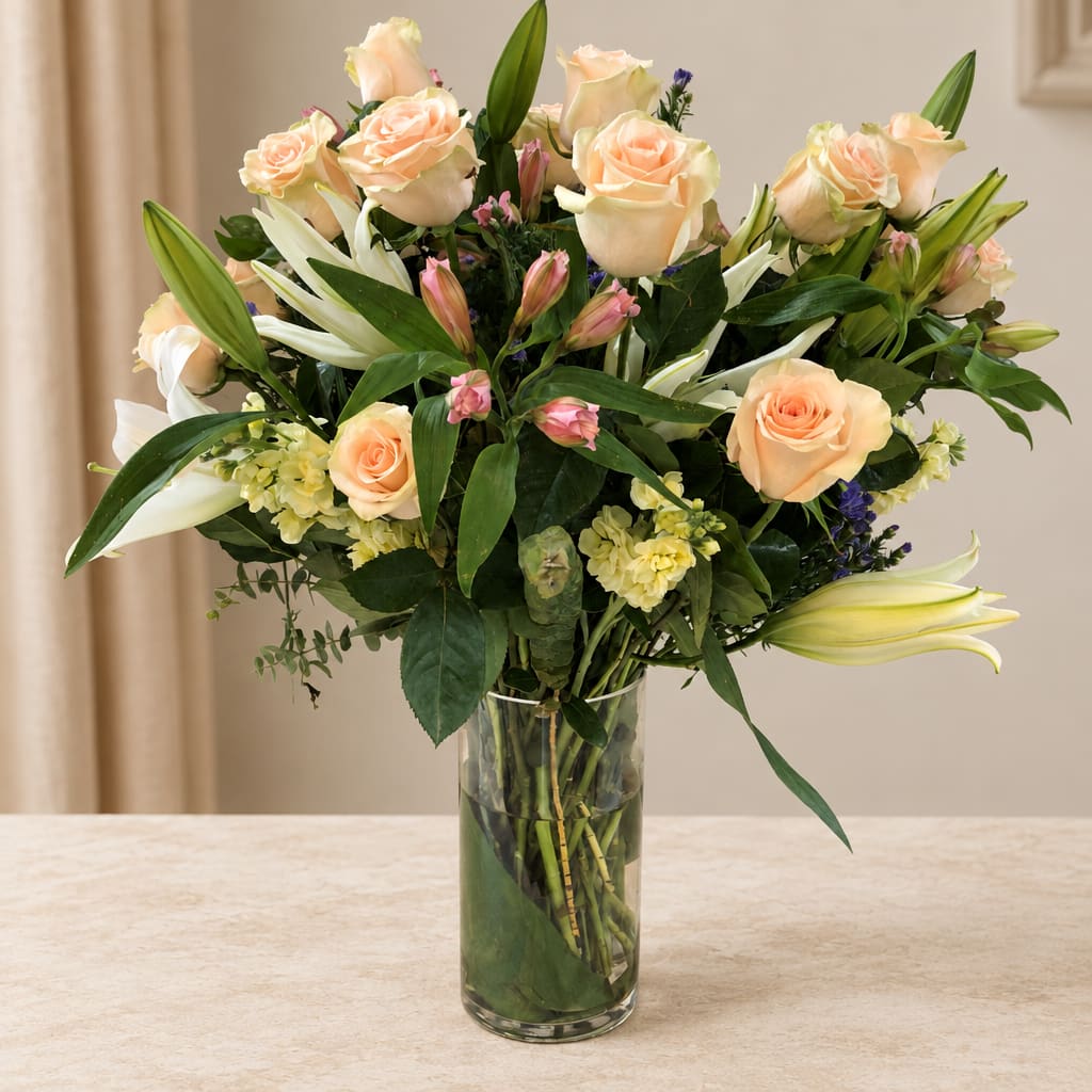 Peach roses and white lilies arranged in a clear glass vase.