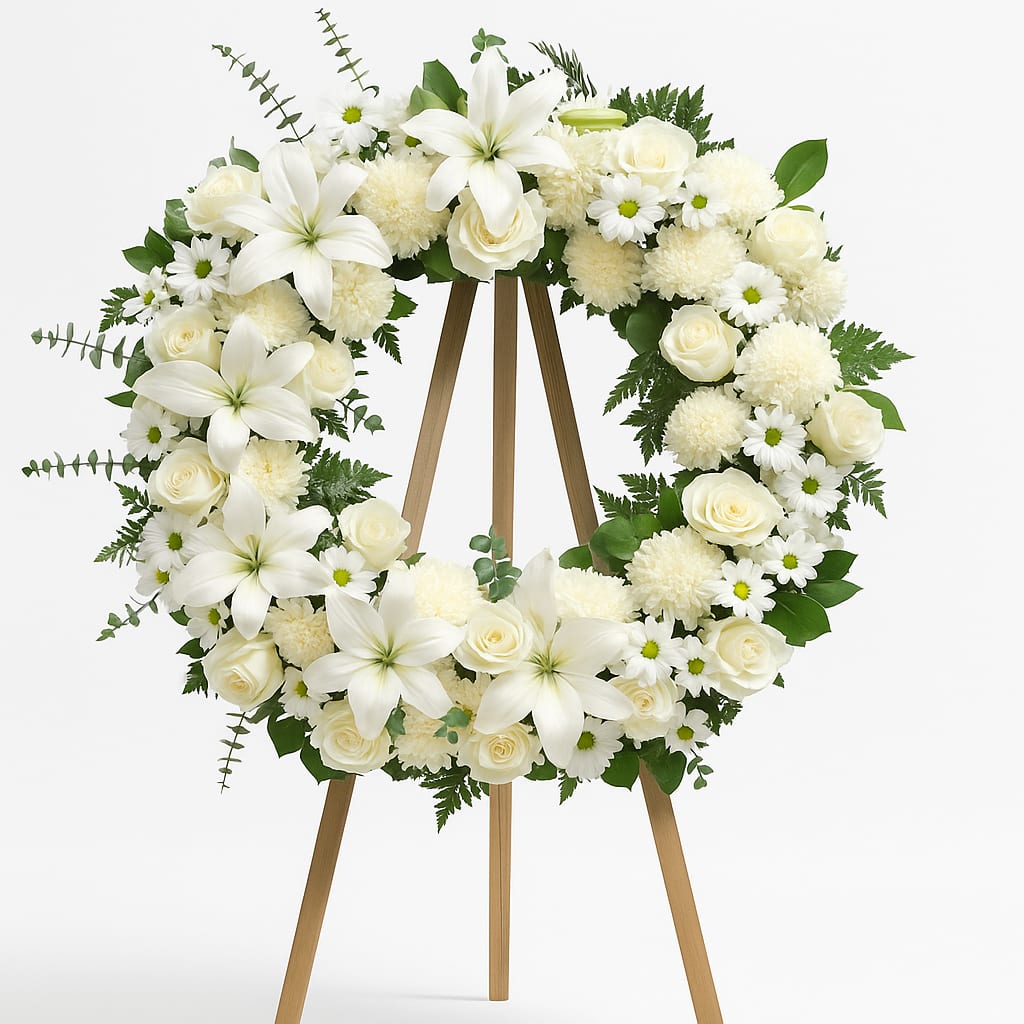 White floral wreath on a wooden easel with roses and lilies