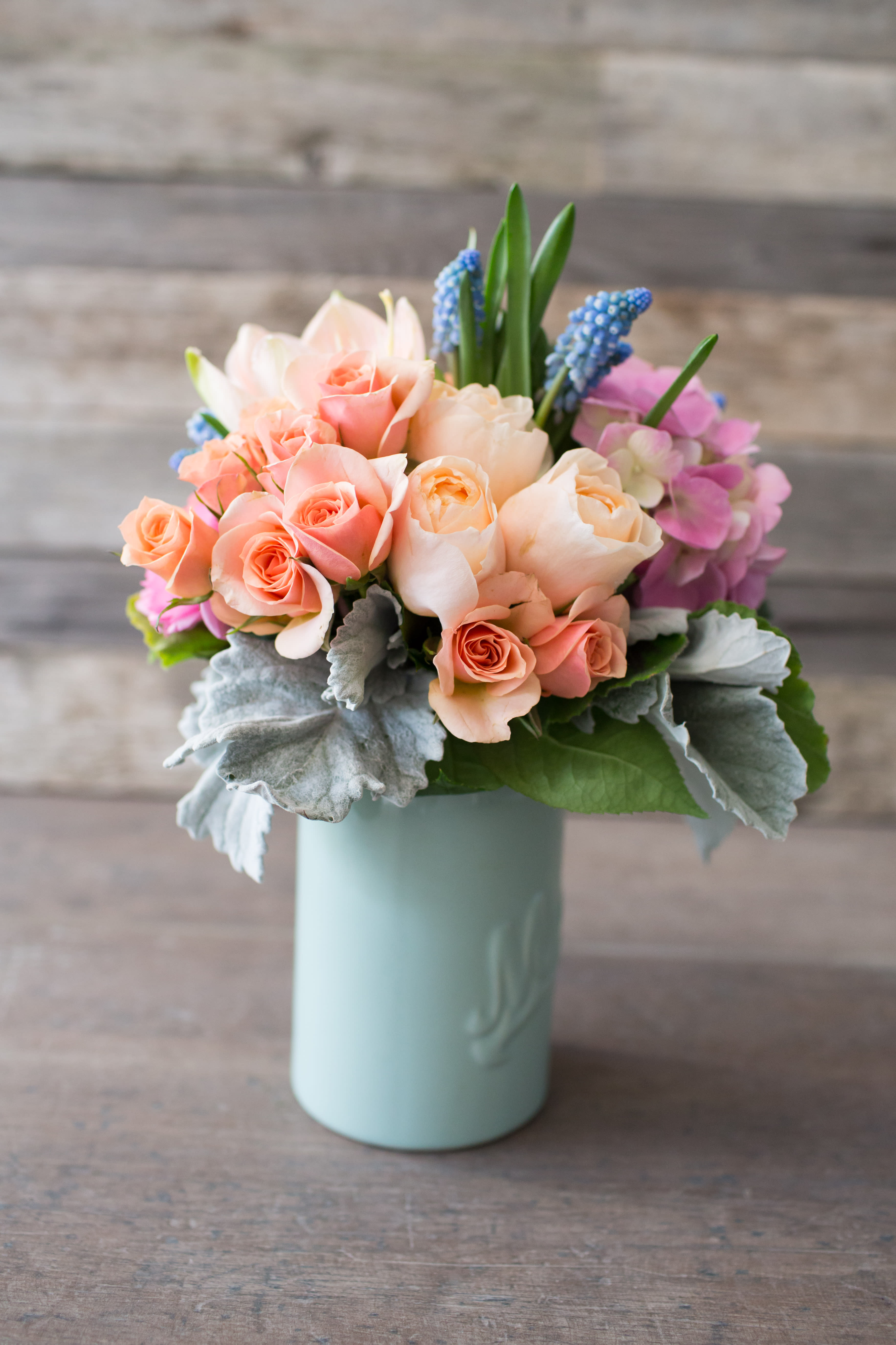 Peach and pink roses in a pale blue vase with blue grape hyacinths
