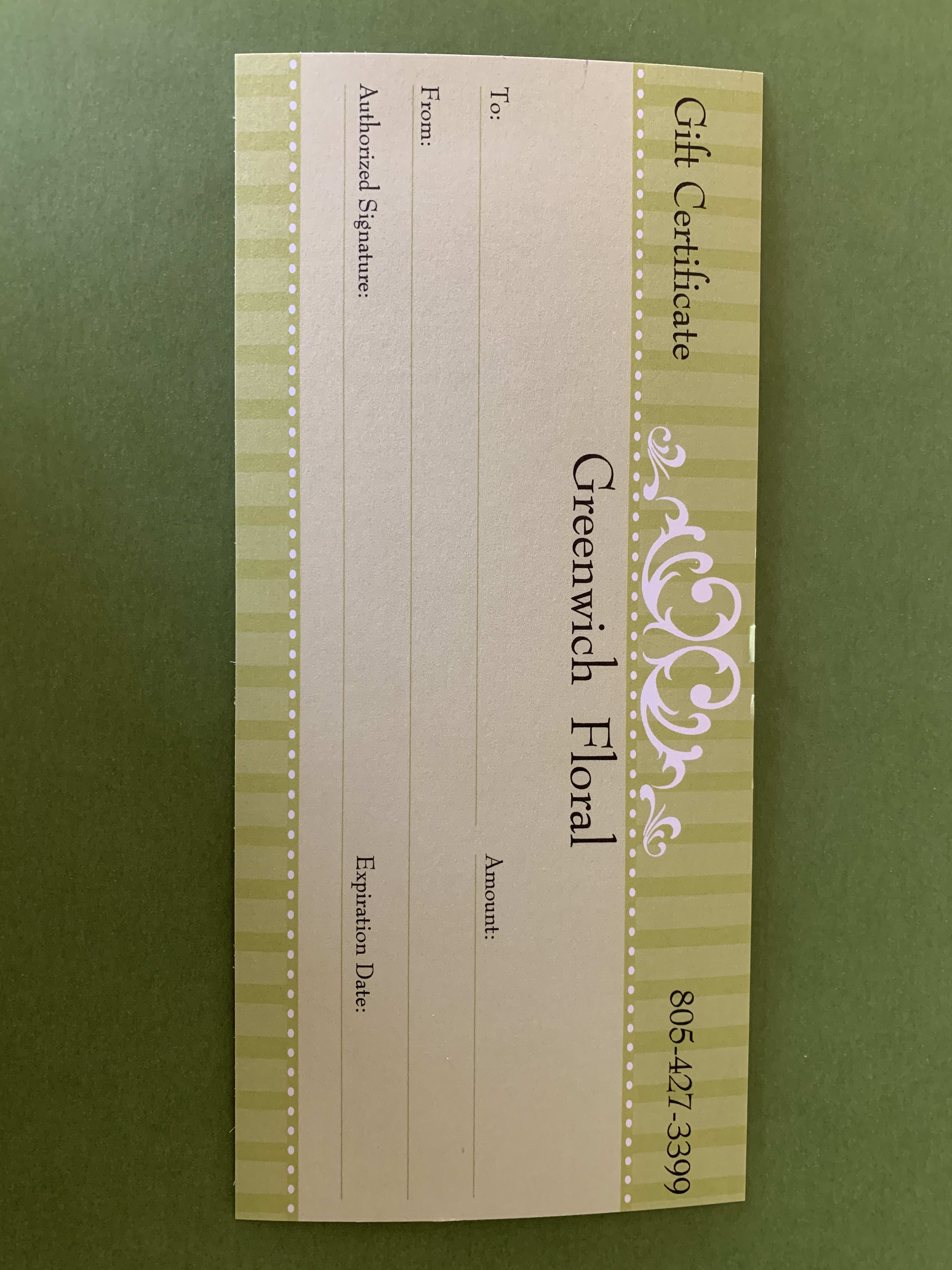 Greenwich Floral gift certificate card on a green background