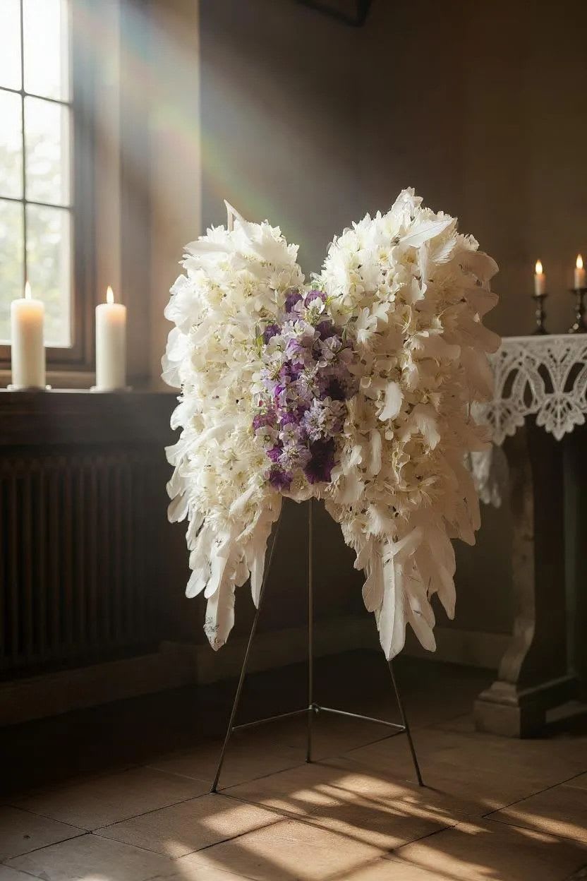 Heavenly Spirit Angel Wing Tribute - Honor a loved one’s memory with our Heavenly Spirit Angel Wing Tribute. This breathtaking arrangement features soft white blooms and delicate feathers, accented with a gentle cascade of purple flowers through the center—symbolizing peace, protection, and a loving farewell. This arrangement was exclusively designed and handcrafted by our designers at Fountain Designs, ensuring a truly unique and meaningful tribute.  To ensure we have the proper time and care needed for your arrangement, we recommend placing your order 2–3 days in advance. All stands are included with a standard green floral easel. A photo of your completed arrangement will be sent to you prior to delivery. For any special requests, please reach out—we are here to help during this important time.