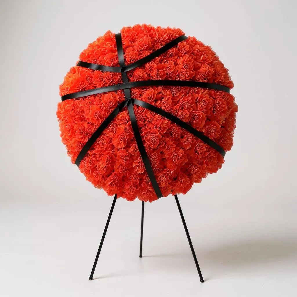 Slam Dunk Tribute Spray - Celebrate a life lived with passion and energy through our Slam Dunk Tribute Spray. Crafted entirely from fresh, vivid orange blooms and accented with bold black ribbon, this arrangement is designed to resemble a basketball—perfect for honoring a loved one whose spirit was as dynamic as the game they loved. This standout tribute brings a personal touch to any memorial, capturing both memories and personality in a truly unique way. This arrangement was exclusively designed and handcrafted by our designers at Fountain Designs, ensuring a truly unique and meaningful tribute. To ensure we have the proper time and care needed for your arrangement, we recommend placing your order 2–3 days in advance. All stands are included with a standard green floral easel.  A photo of your completed arrangement will be sent to you prior to delivery. For any special requests, please reach out—we are here to help during this important time.