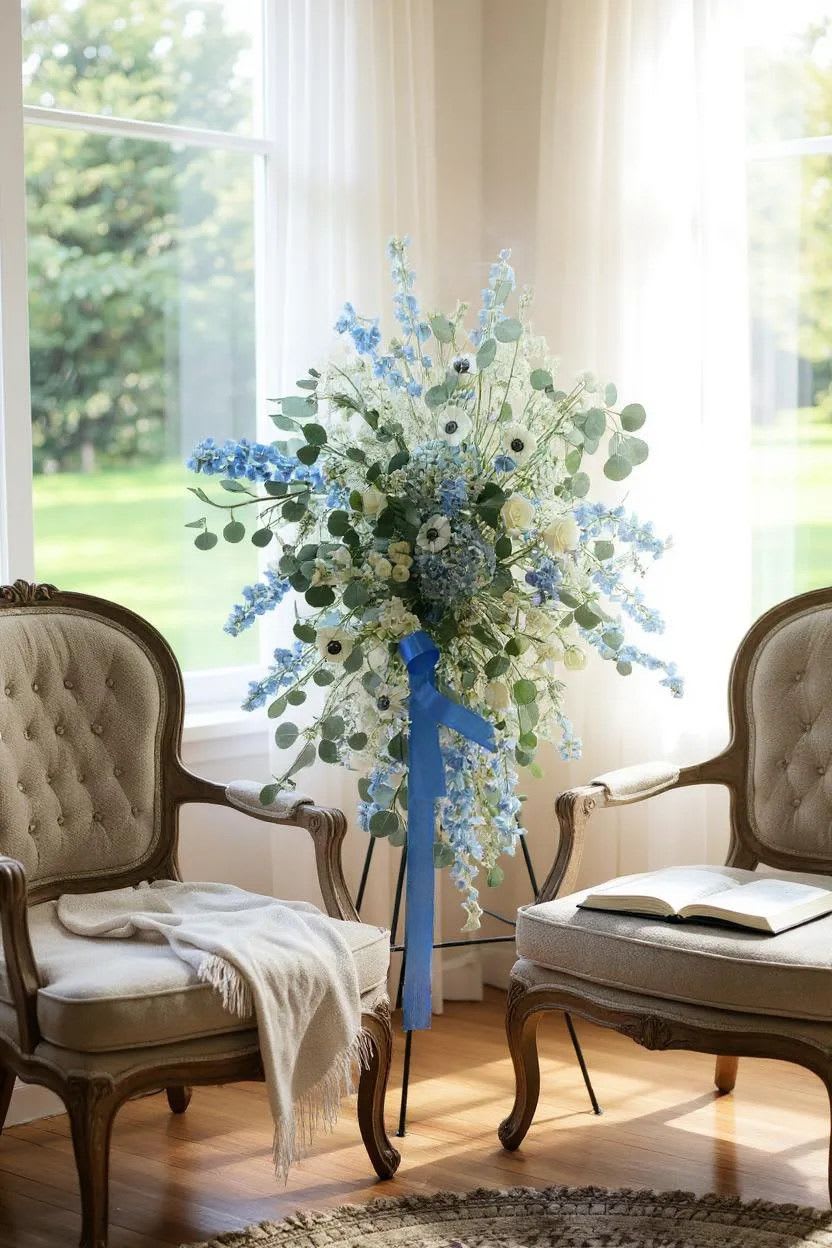 Peaceful Blue Remembrance Spray - A serene and elegant tribute, the Peaceful Blue Remembrance Spray features a lush blend of fresh blue delphinium, white roses, delicate anemones, and soft greenery, all accented with a satin blue ribbon. This arrangement is designed to evoke a sense of calm and comfort, offering a gentle expression of sympathy and remembrance. Ideal for honoring a loved one with grace and tranquility. This arrangement was exclusively designed and handcrafted by our designers at Fountain Designs, ensuring a truly unique and meaningful tribute. To ensure we have the proper time and care needed for your arrangement, we recommend placing your order 2–3 days in advance. All stands are included with a standard green floral easel.  A photo of your completed arrangement will be sent to you prior to delivery. For any special requests, please reach out—we are here to help during this important time.