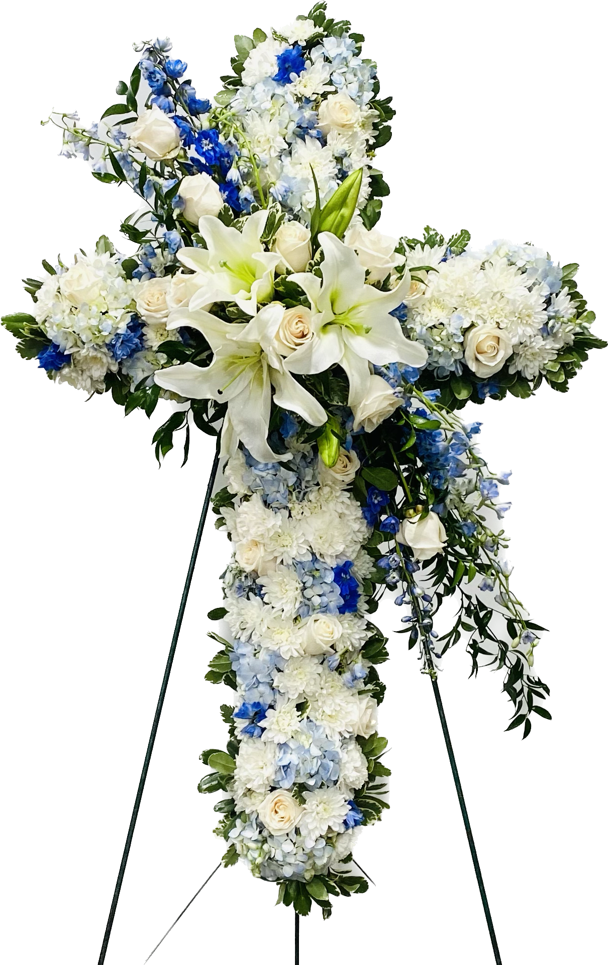 Blue and White Standing Cross - Cross with Blue hydrangea, white carnations, white mums. With a floral break of white roses, white lilies, blue delphinium