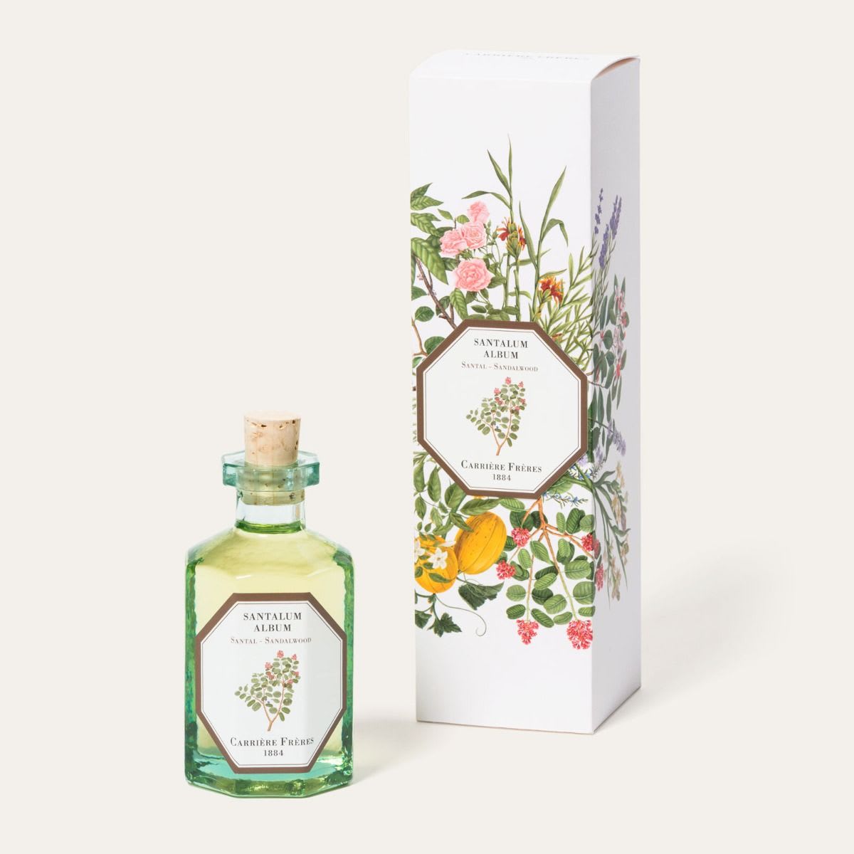 Perfume bottle beside a floral-patterned box
