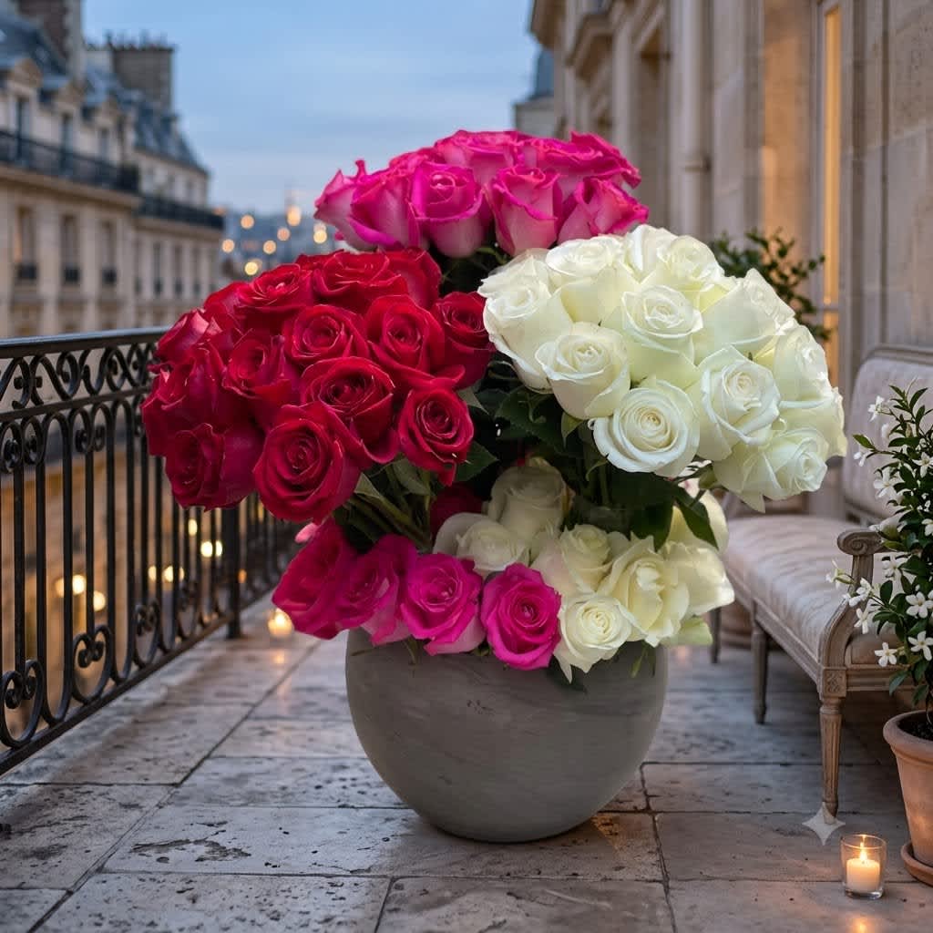 Large arrangement of pink, red, and white roses in a round planter