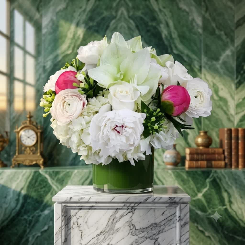 White and pink floral arrangement in a green glass vase