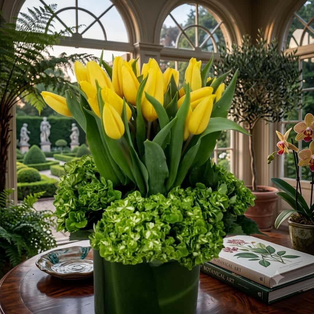 Yellow tulips arranged in a green vase with green hydrangeas