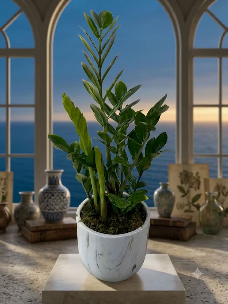 Potted green plant in a white ceramic container