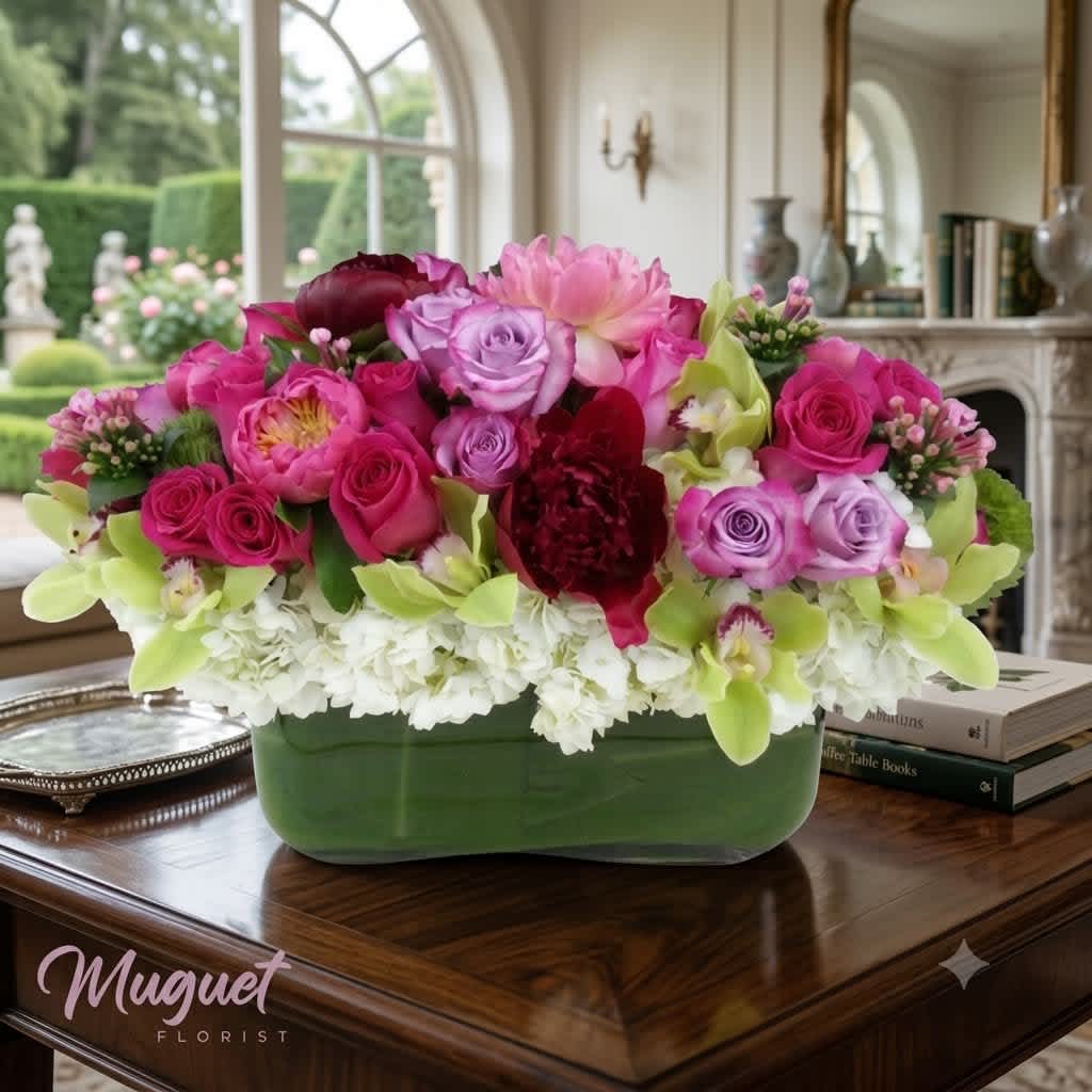 Pink and lavender roses arranged in a green rectangular vase