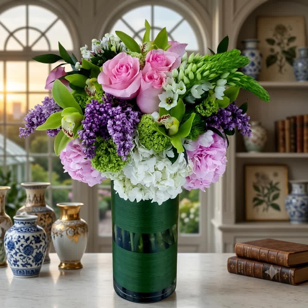 Pink roses and purple flowers in a tall green vase