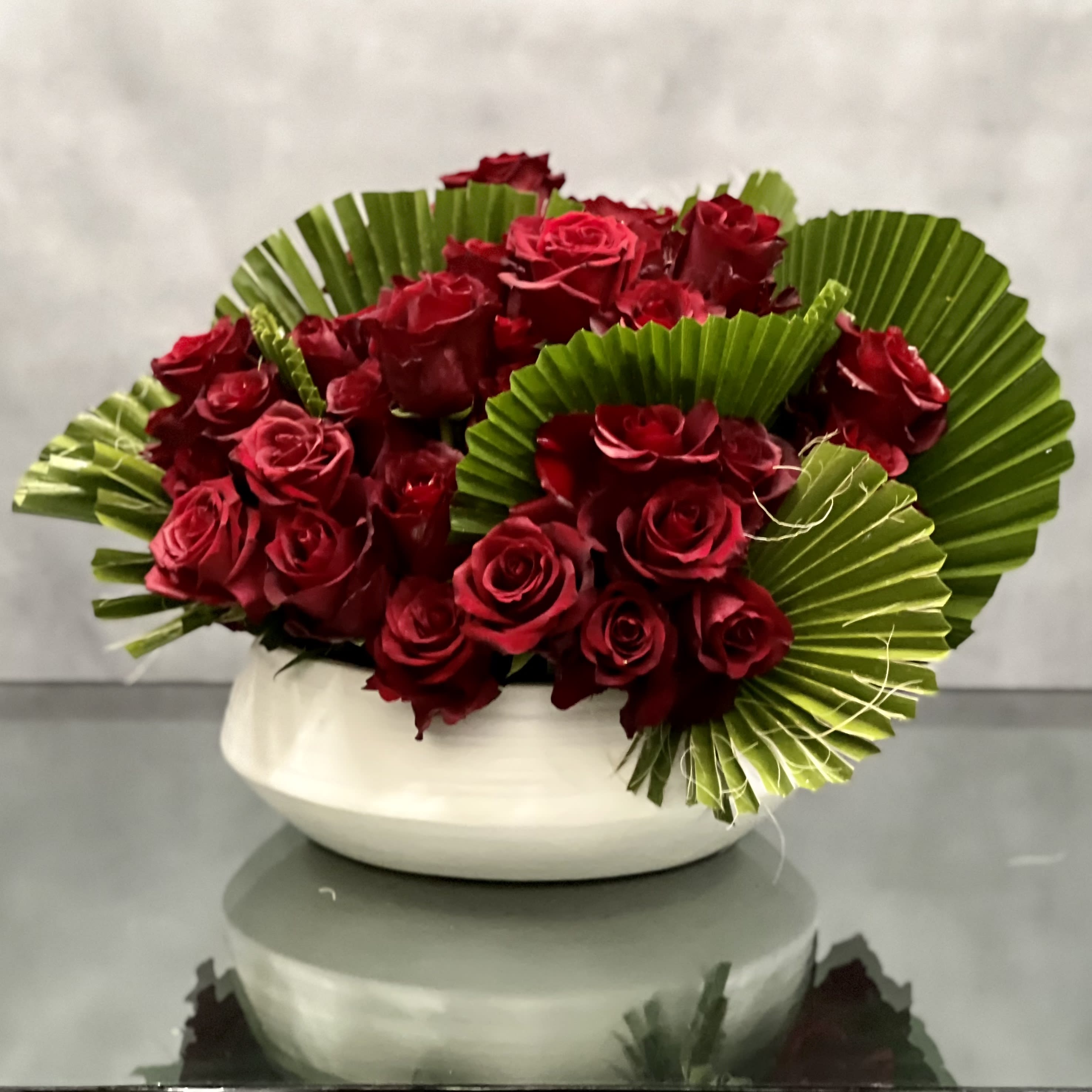 Deep Red Romance - Rich, romantic, lovely deep red Roses create a stunning and abundant design.