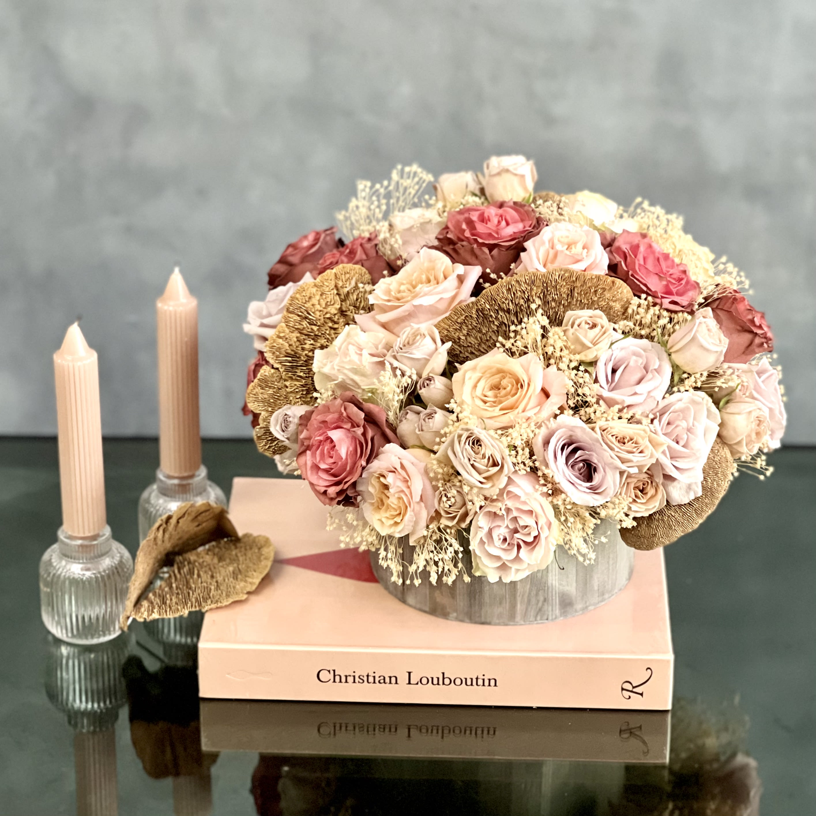 Guiding Light Bouquet - Beverly Hills Florist presents Guiding Light Bouquet for same day delivery. Inspired by light shades and soft textures, our Guiding Light bouquet will brighten anyone's day with its mix of light pink, lavender, burgundy and peach roses, in rustic wood round box. Send this beautiful arrangement today to show just how much you care.