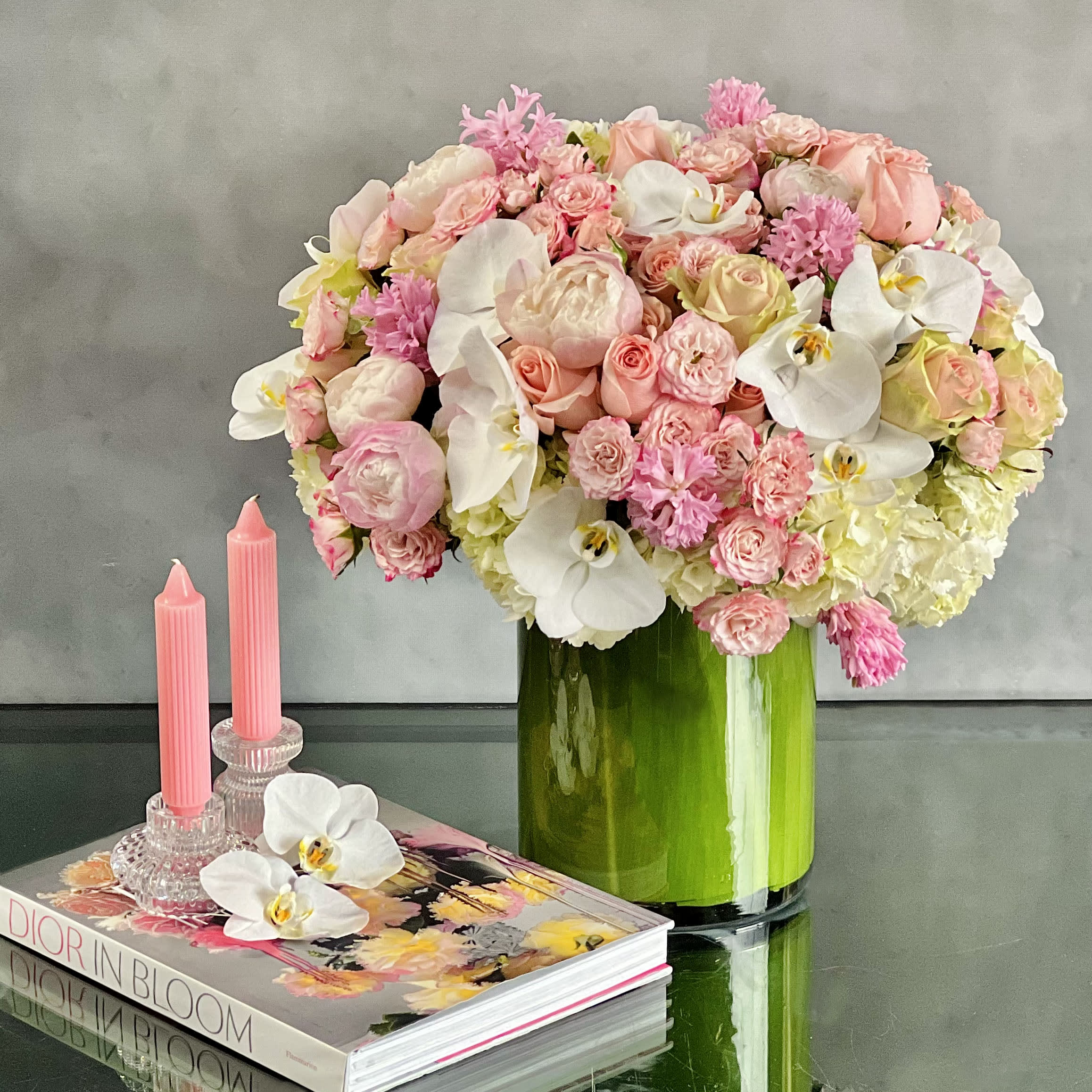 Pop The Bubbly  - Pasadena Florist - Pop The Bubbly ! A beautiful arrangement for any celebration, Just because, Thinking of You or Love &amp; Romance ! This arrangement consists of Pink Hyacinths, Peonies, Hyacinths, Roses, Spray Roses and White Hydrangeas and Phalaenopsis Orchids.  Measurements:   Vase: 8 x 10