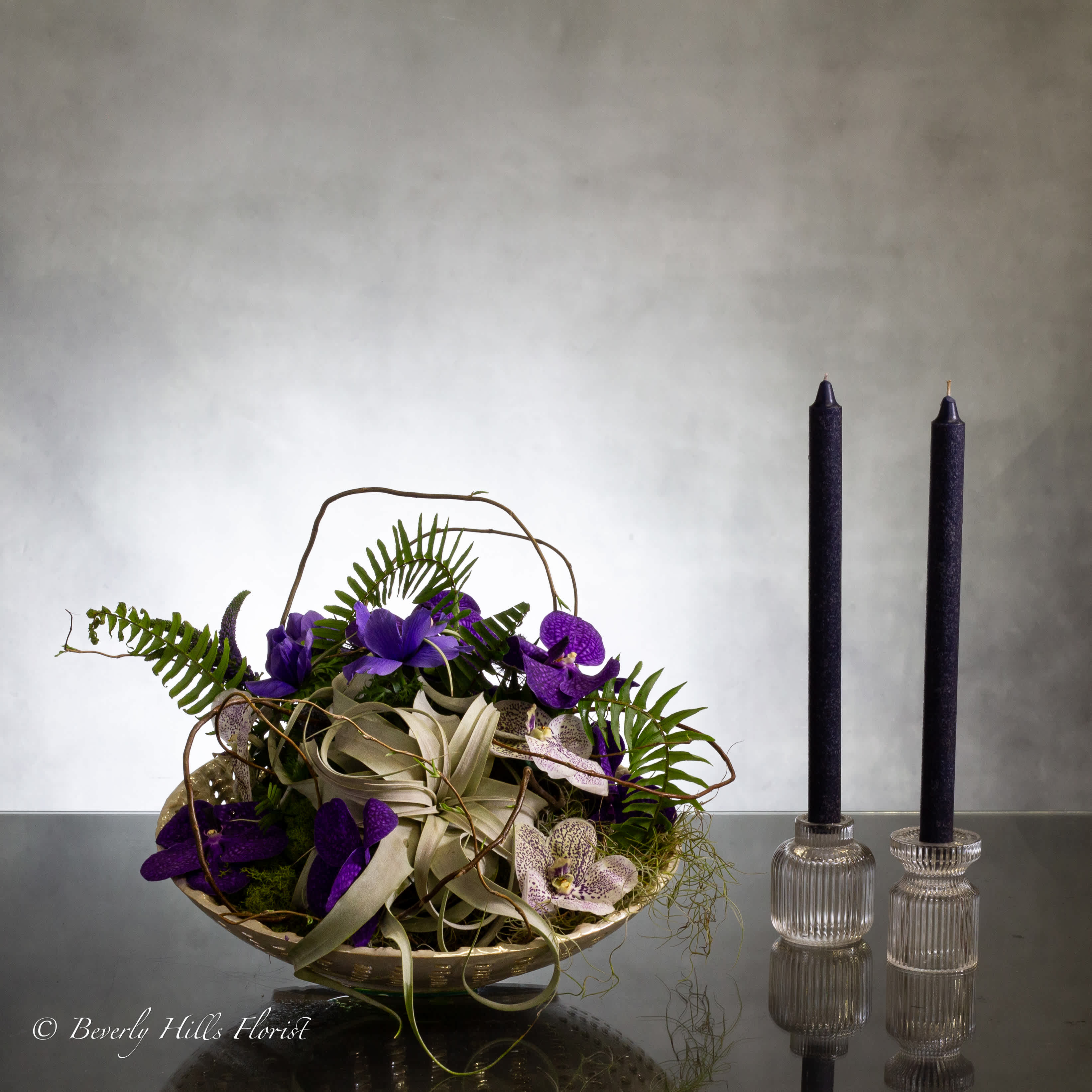 Purple Beauty Modern Classic - Pasadena Florist - Experience a blend of modernity and natural elegance with our contemporary bowl display that showcases a striking air plant alongside vibrant purple Vanda orchids and lush moss. This unique arrangement is designed to bring a touch of sophistication and freshness to any setting, making it an ideal choice for those seeking a modern and stylish decor accent.  With the eye-catching contrast of the large air plant, vibrant purple Vanda orchids, and complementing moss, this arrangement exudes a sense of contemporary charm and botanical beauty. Perfect for those looking to infuse their space with a trendy aesthetic and a pop of color, this modern display is sure to captivate admirers and elevate the ambiance of any room.