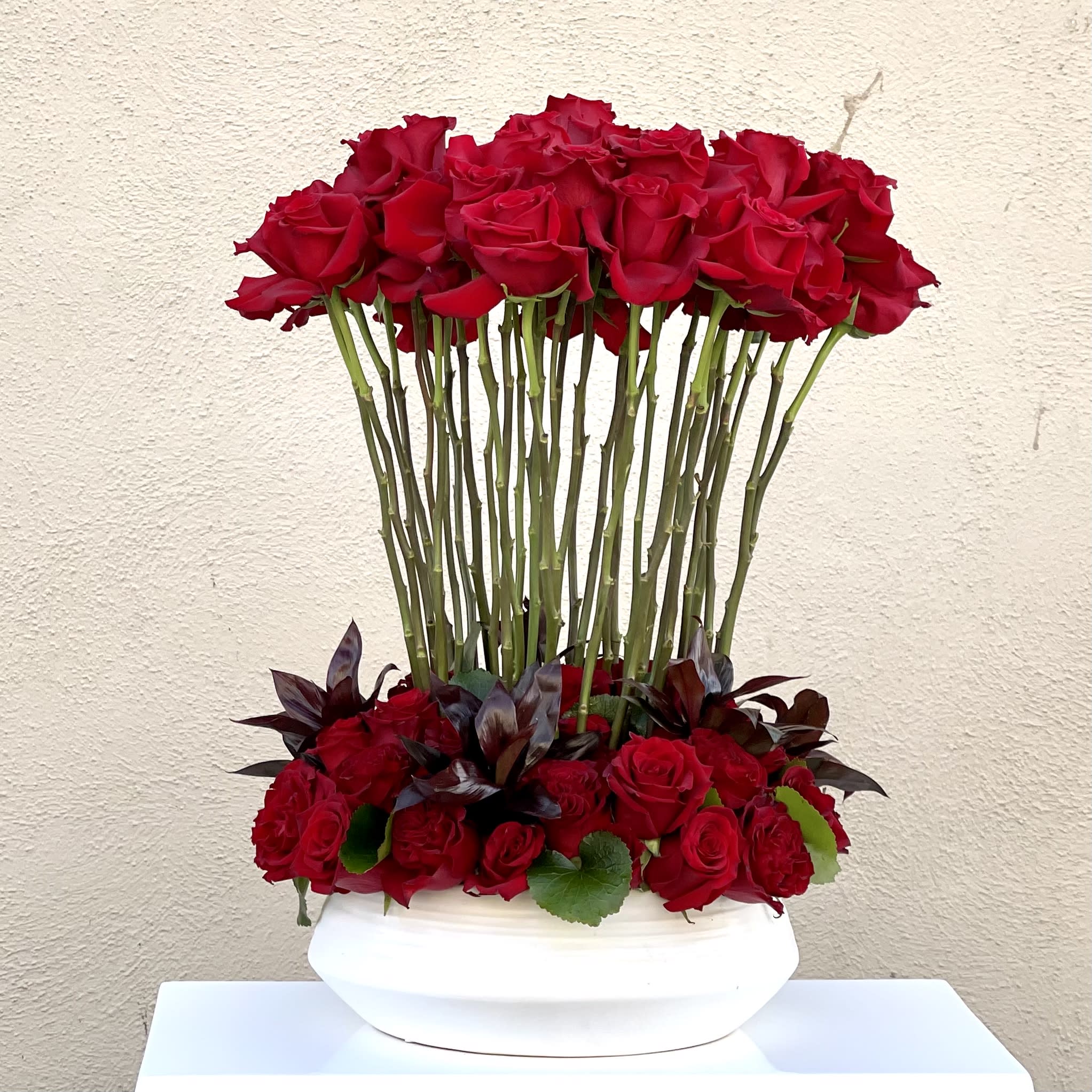 Red Roses Standing  - Dozens of tall red Roses standing in grouping of more roses totaling over 125 roses placed into a ceramic vase has the dimensions of: a base of 8", a head of 18, and a height of 24". These giant Roses are sure to stand out from any other gift because of their eloquent expression. Order one today to make the perfect gift or bring some living beauty to any home.  