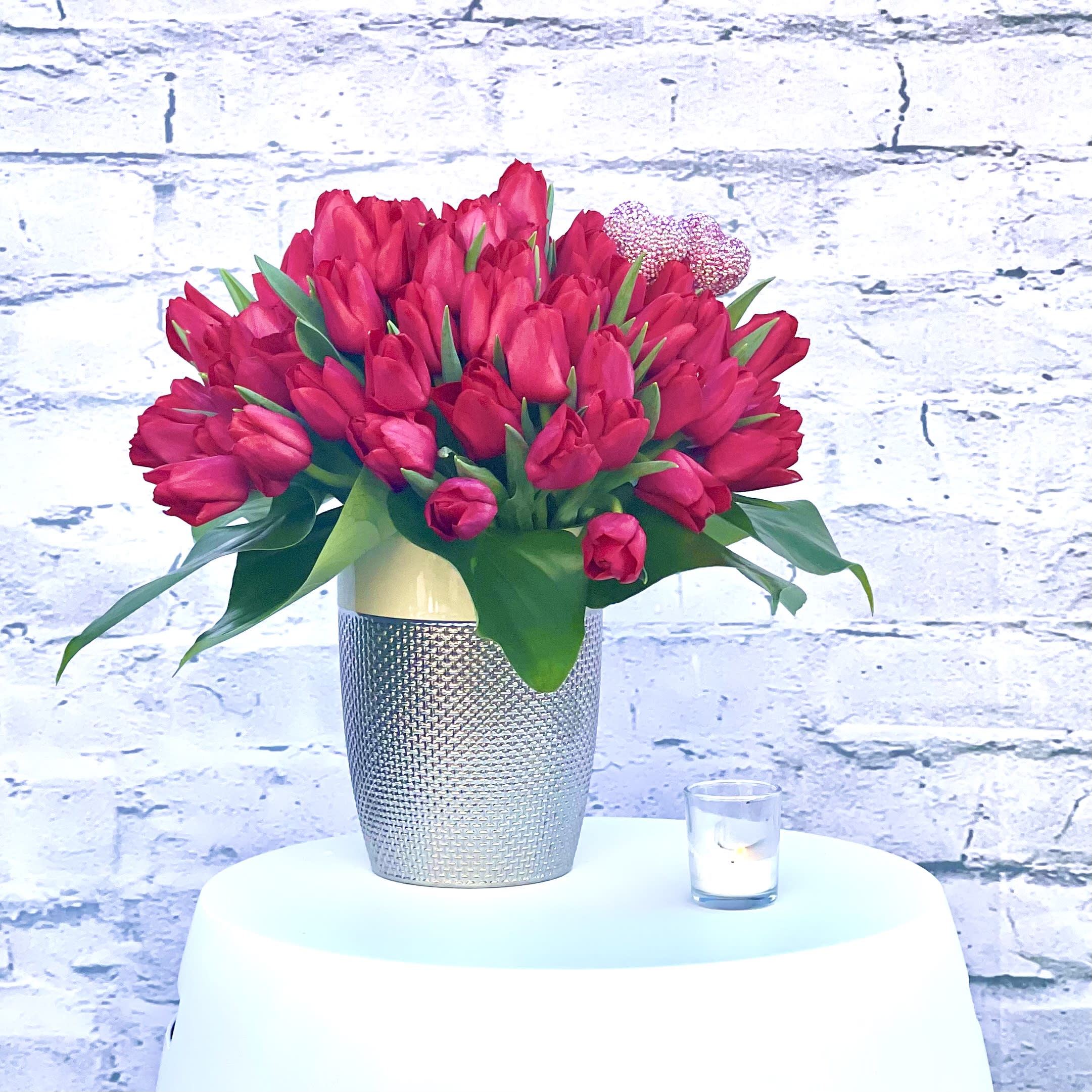 Ruby Red tulips - Tall Ruby Red Tulips in a beautiful ceramic vase  Standard 50 tulips  Deluxe 100 tulips 