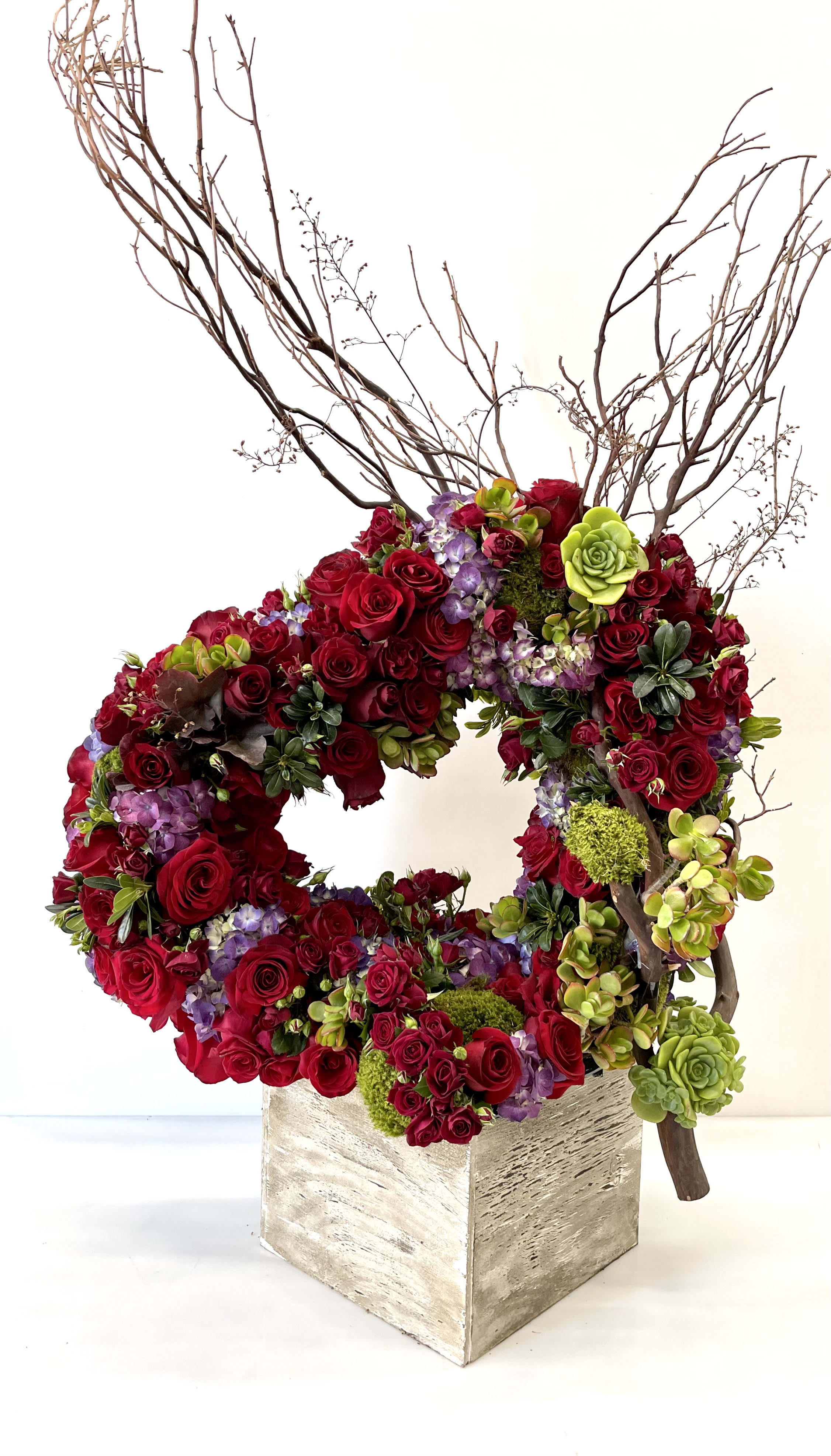 Hearts for all  -  An Open Heart with Red roses Purple Hydrangeas and Succulents.   Measurement  Approx. 40" Tall 