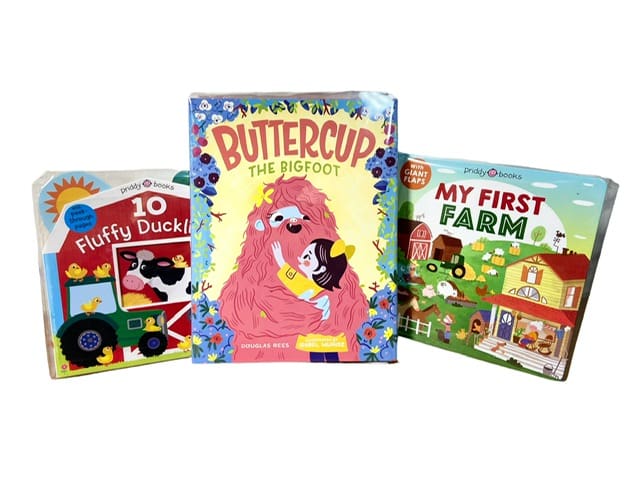 Three children's board books stacked side by side on a white background.