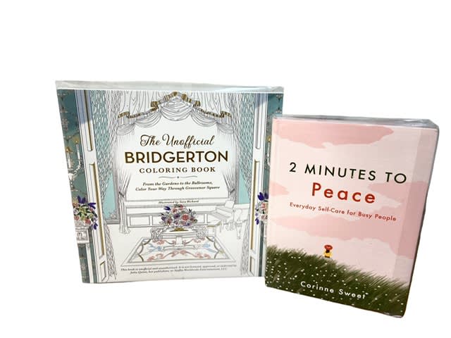 Two paperback books, one Bridgerton coloring book and one self-care book