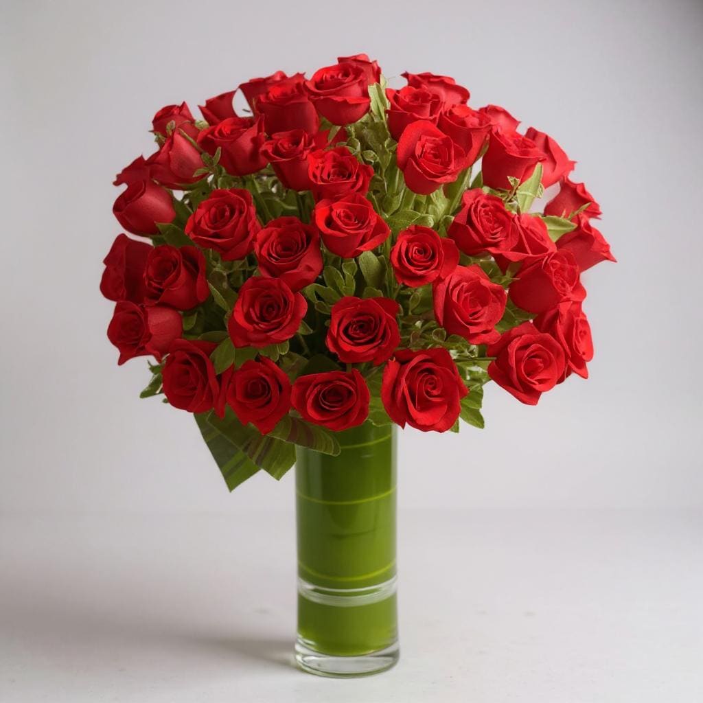 Bouquet of red roses in a tall green glass vase