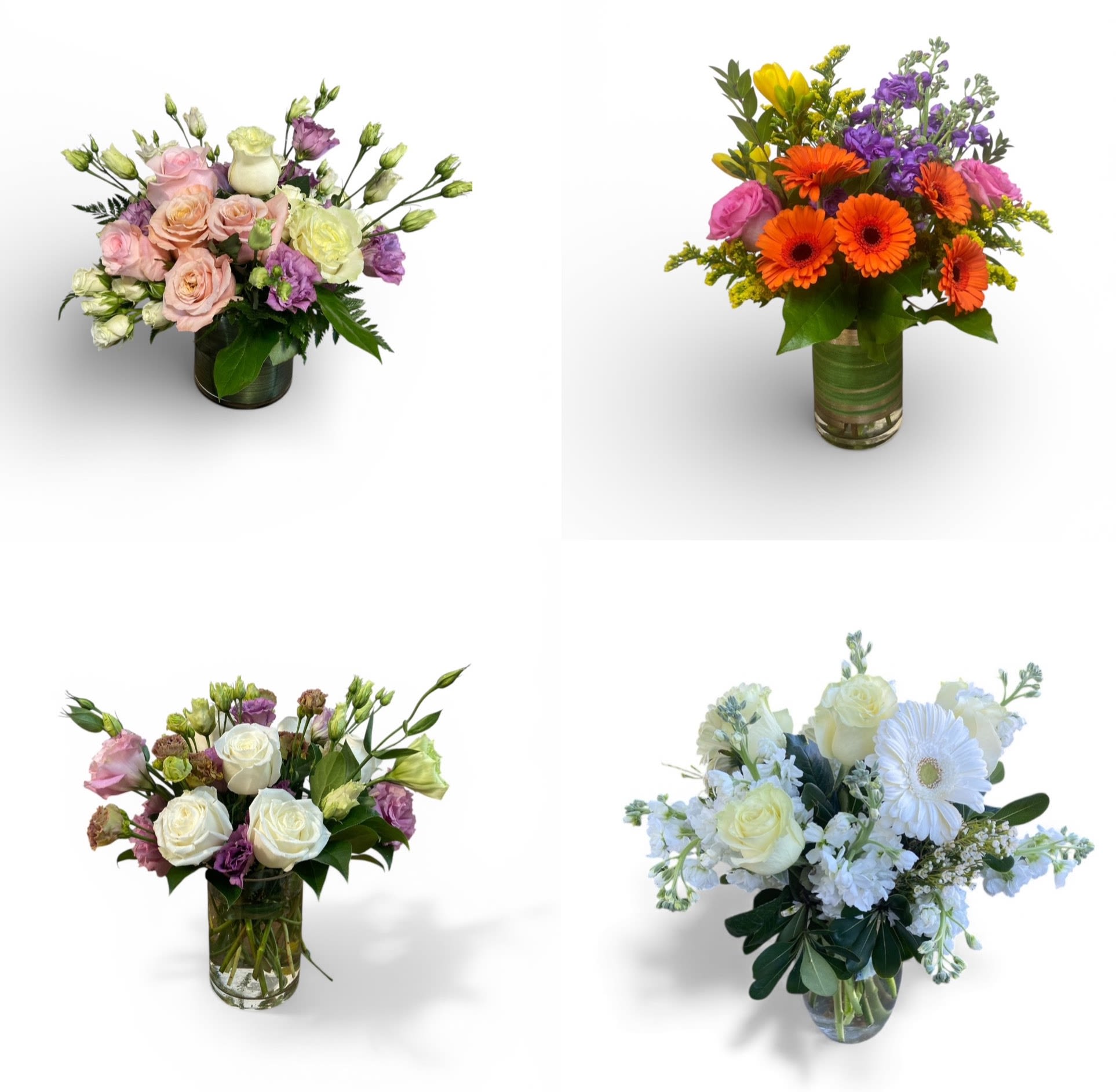 Four mixed flower arrangements in clear glass vases with pastel and bright colors on a white background
