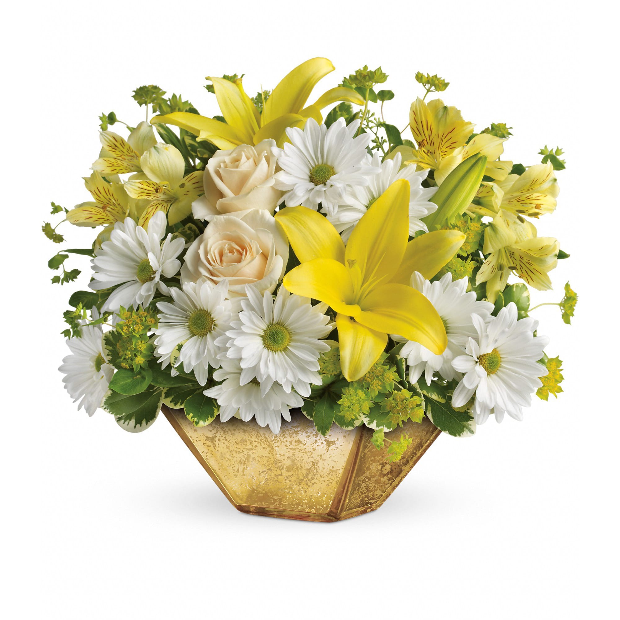 Garden Reflections Centerpiece by Teleflora - Set a brilliant spring table! Presented in a shimmering golden mercury glass bowl, this fresh centerpiece of roses and lilies captures the simple beauty of spring.