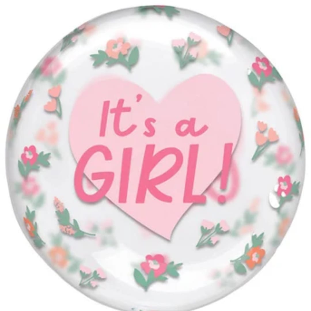 Clear balloon with pink "It's a Girl!" text and floral print