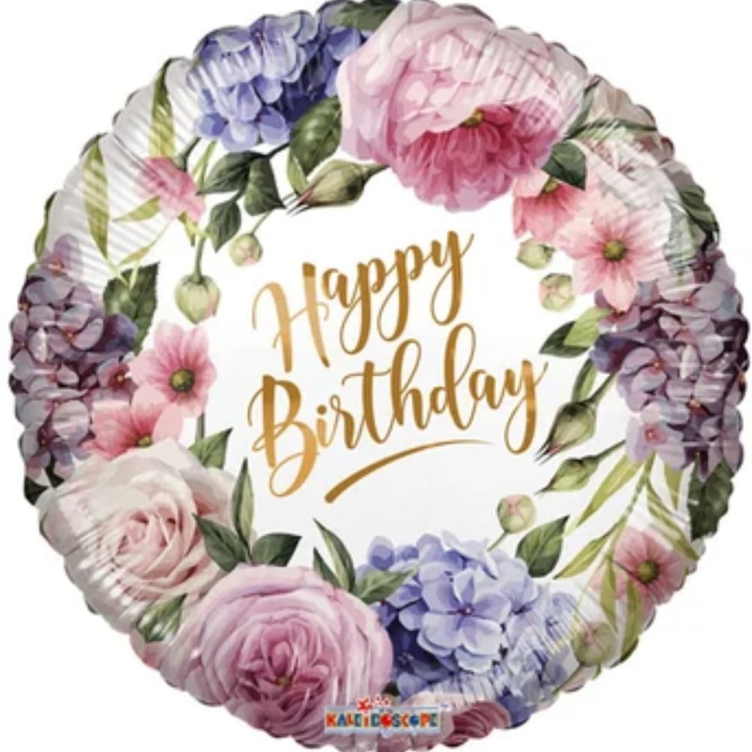 Round floral birthday balloon with pink and purple flowers and gold text