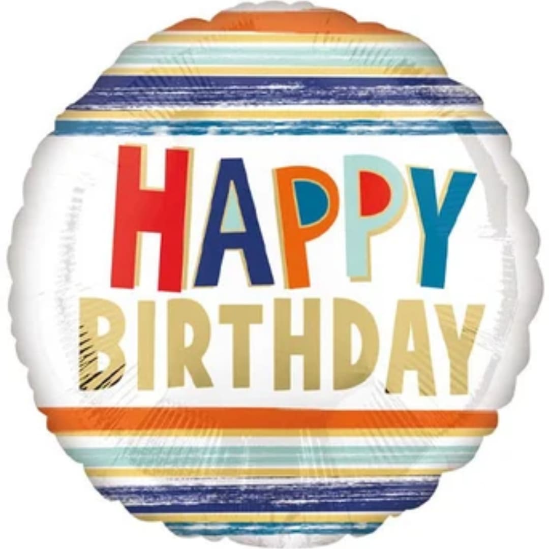 Round foil balloon with "Happy Birthday" text in multicolor letters