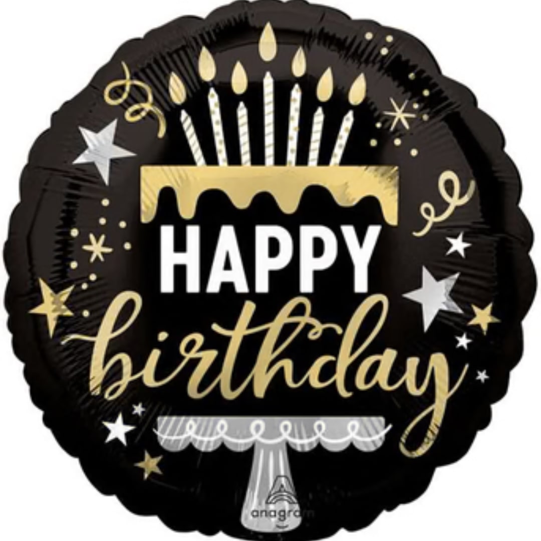 Black birthday balloon with candles and gold lettering