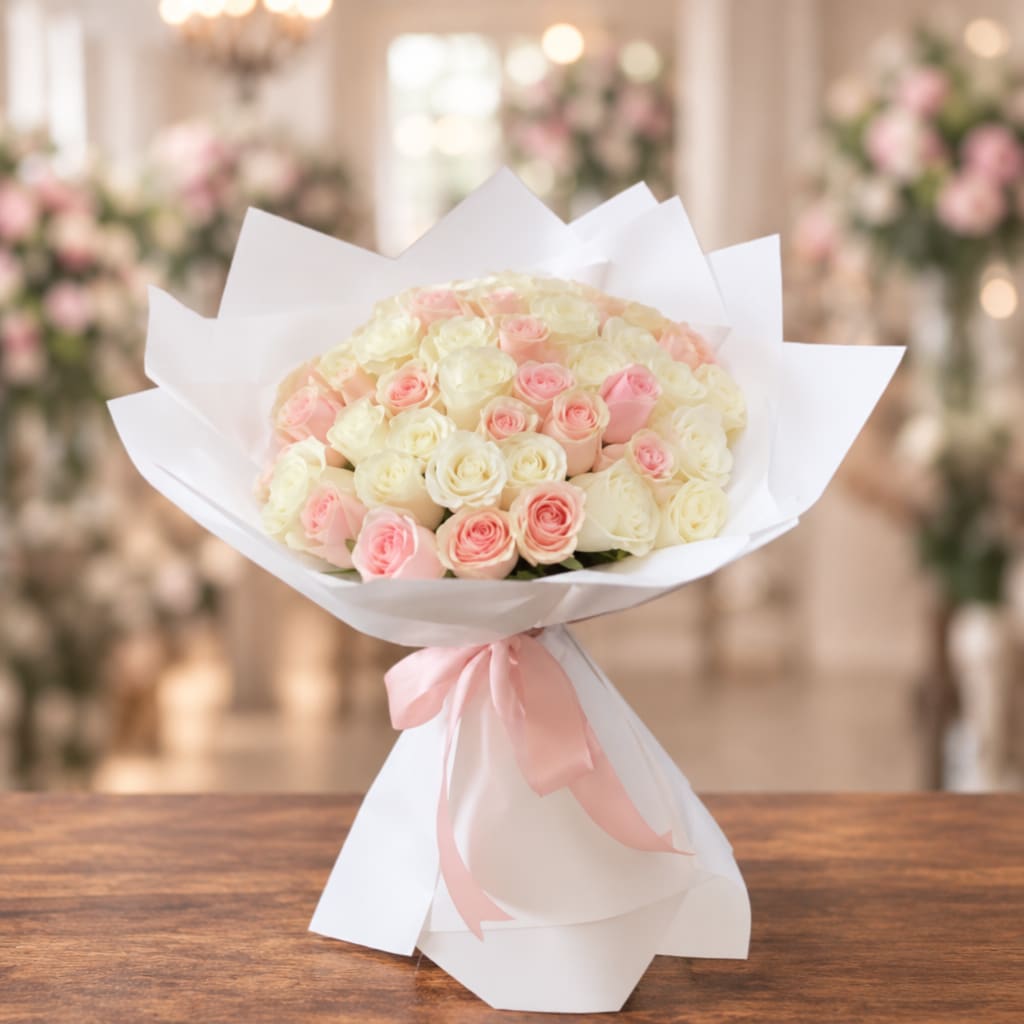 Bouquet of pale pink and cream roses wrapped in white paper with a pink ribbon