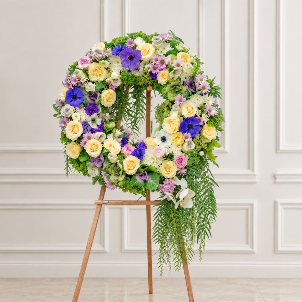 Circular floral wreath on a wooden easel with pastel roses and daisies