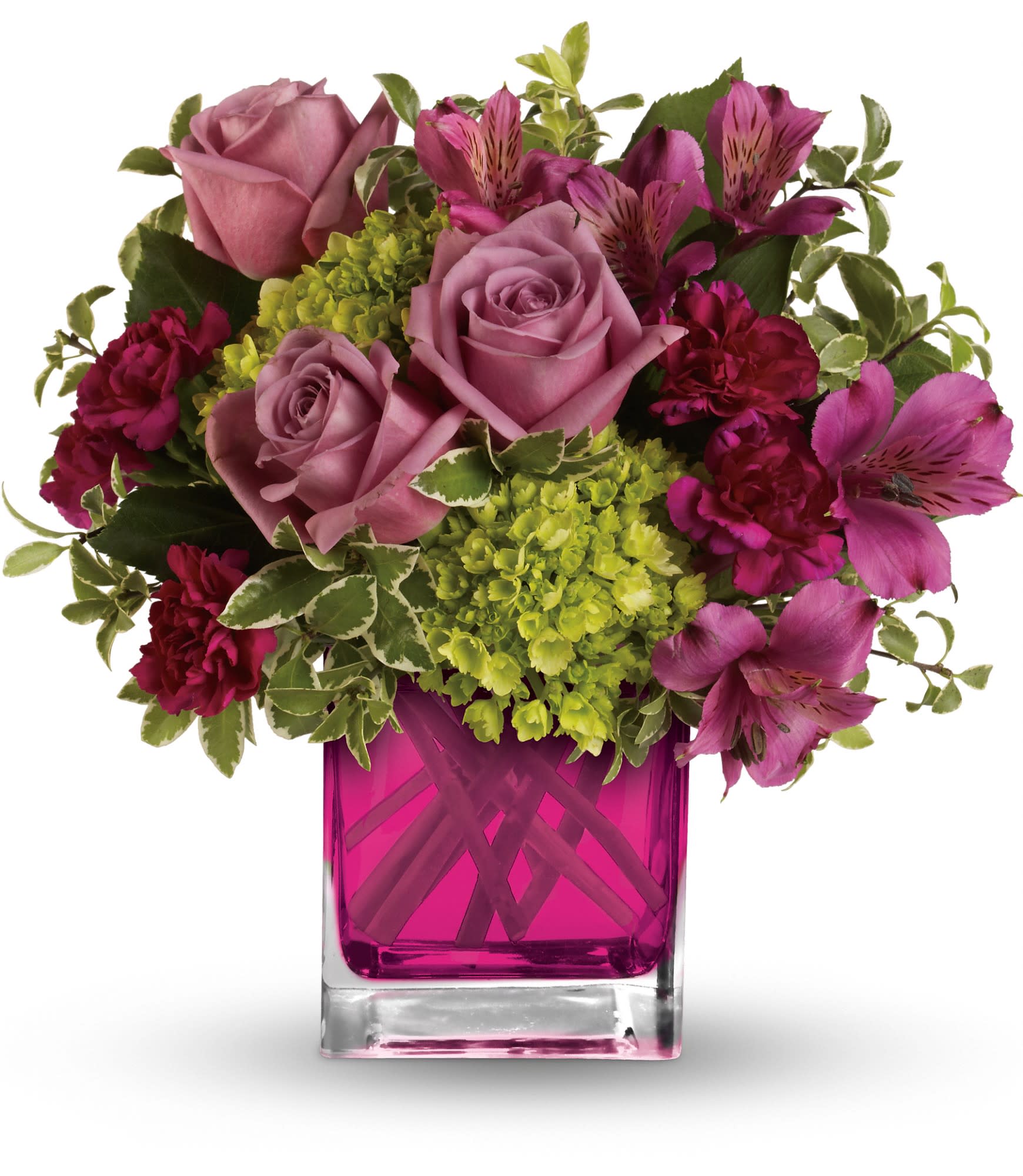 Splendid Surprise by Teleflora (TEV20-2A) - Sweet as can be. This lovely arrangement includes green miniature hydrangea and lavender roses arranged in our adorable fuchsia cube.