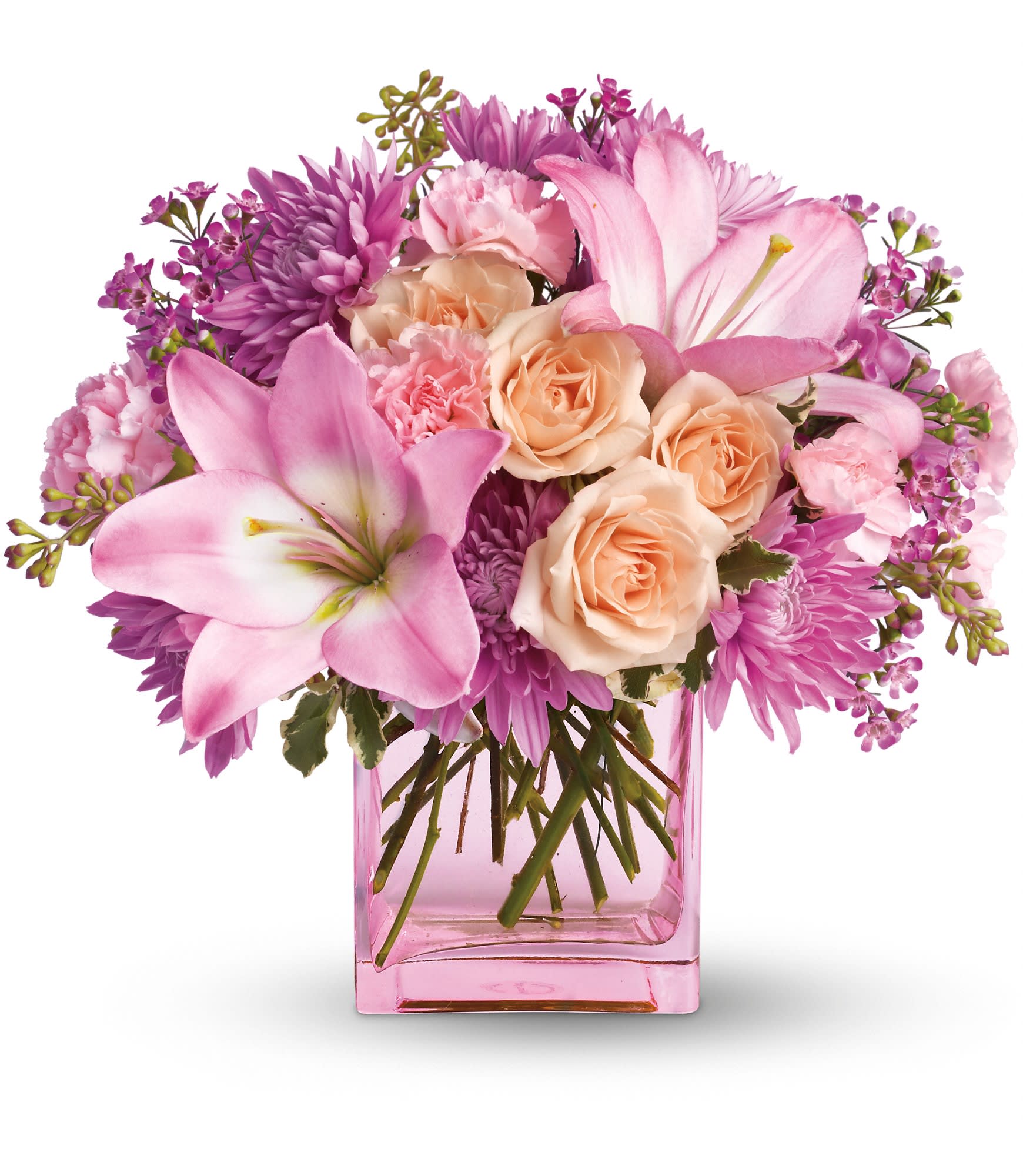 Pink and purple bouquet in a pink glass vase