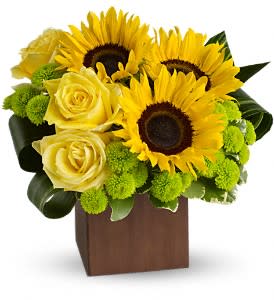 Sunflower Fantasy - Well, hello, yellow! Yellow roses and yellow sunflowers starring in a chic bouquet artistically arranged in a natural bamboo cube. What could be happier? Send this gift of sunshine to someone special - and maybe yourself.