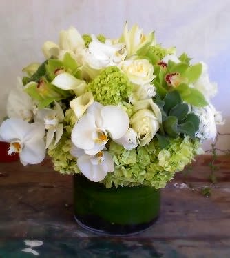 White orchids and green hydrangeas arranged in a green vase