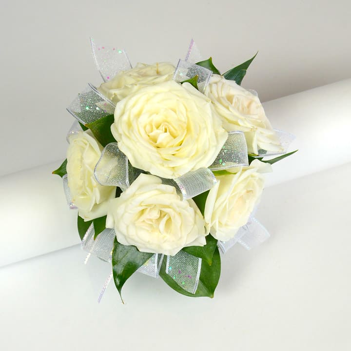 White rose bouquet with silver ribbon accents