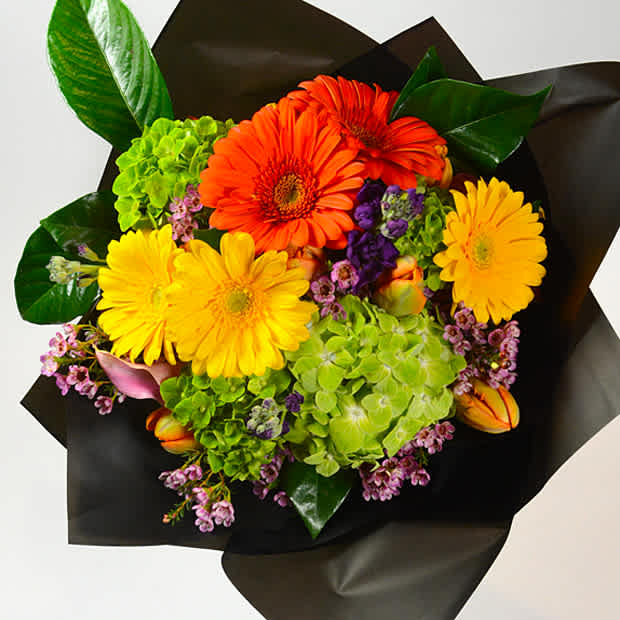 Bouquet of orange and yellow gerbera daisies with green hydrangeas