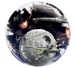 Round foil balloon with a space battle scene featuring a large gray space station and starships firing lasers