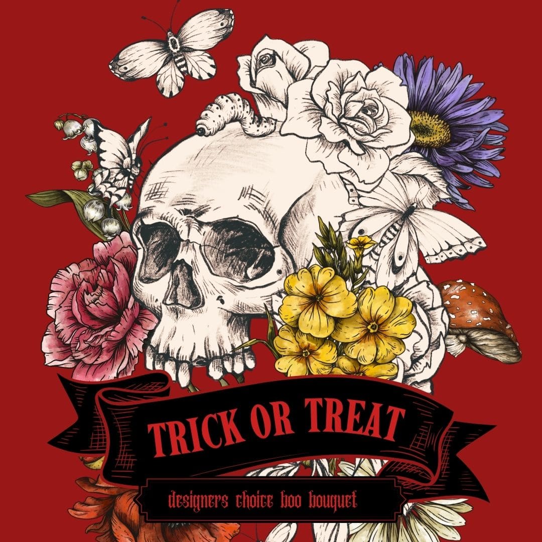 Halloween skull illustration with flowers, butterflies, and a Trick or Treat banner