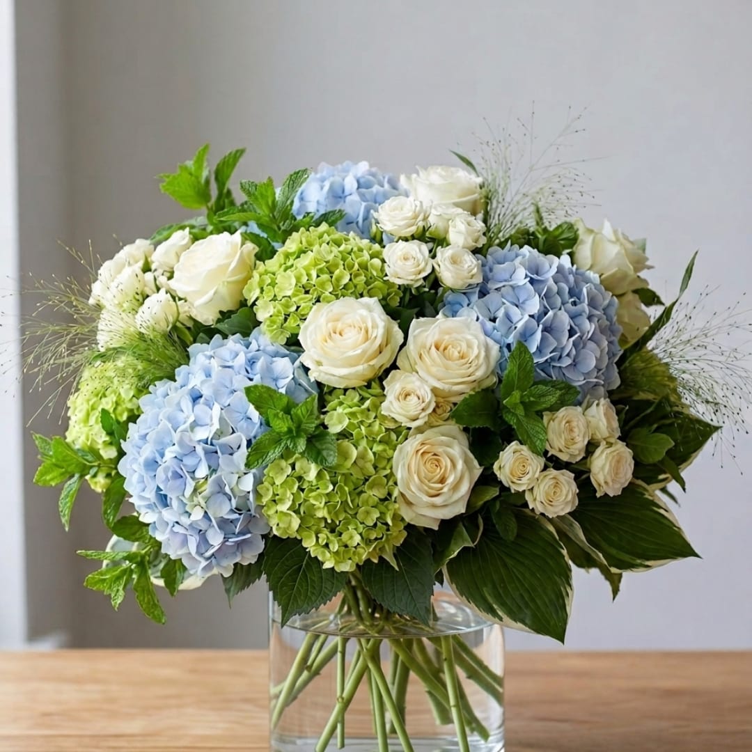 Blue and green hydrangea bouquet with white roses in a glass vase