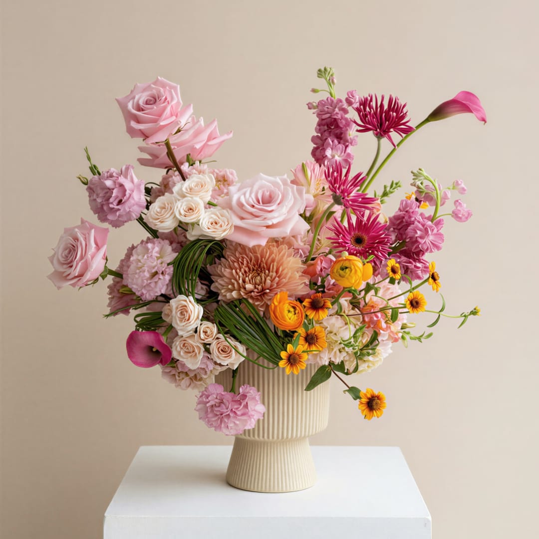 Pink and peach mixed flower arrangement in a ribbed cream vase