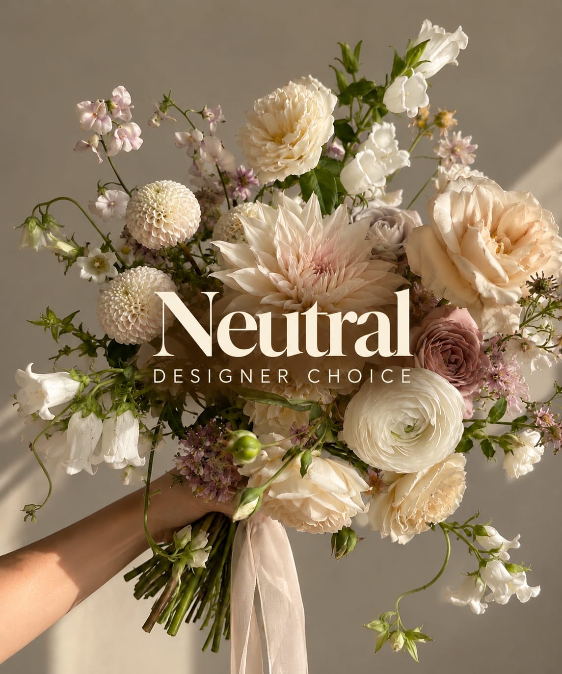 Neutral-toned bouquet of cream and blush flowers with a ribbon tie
