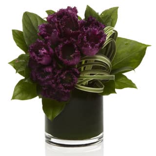 Purple carnations in a dark glass vase with green leaves