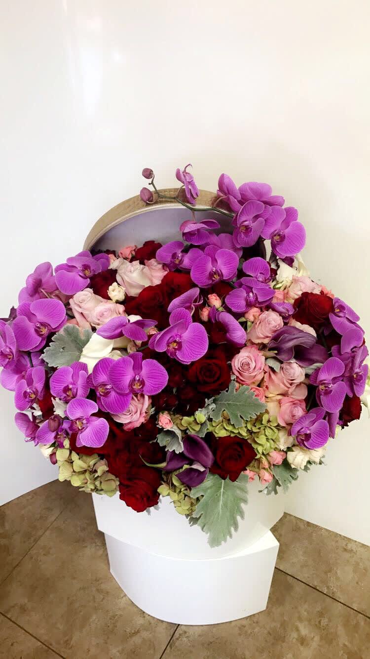 Royal Orchid - Designer arrangement of purple orchids, red roses and antique hydrangeas! 