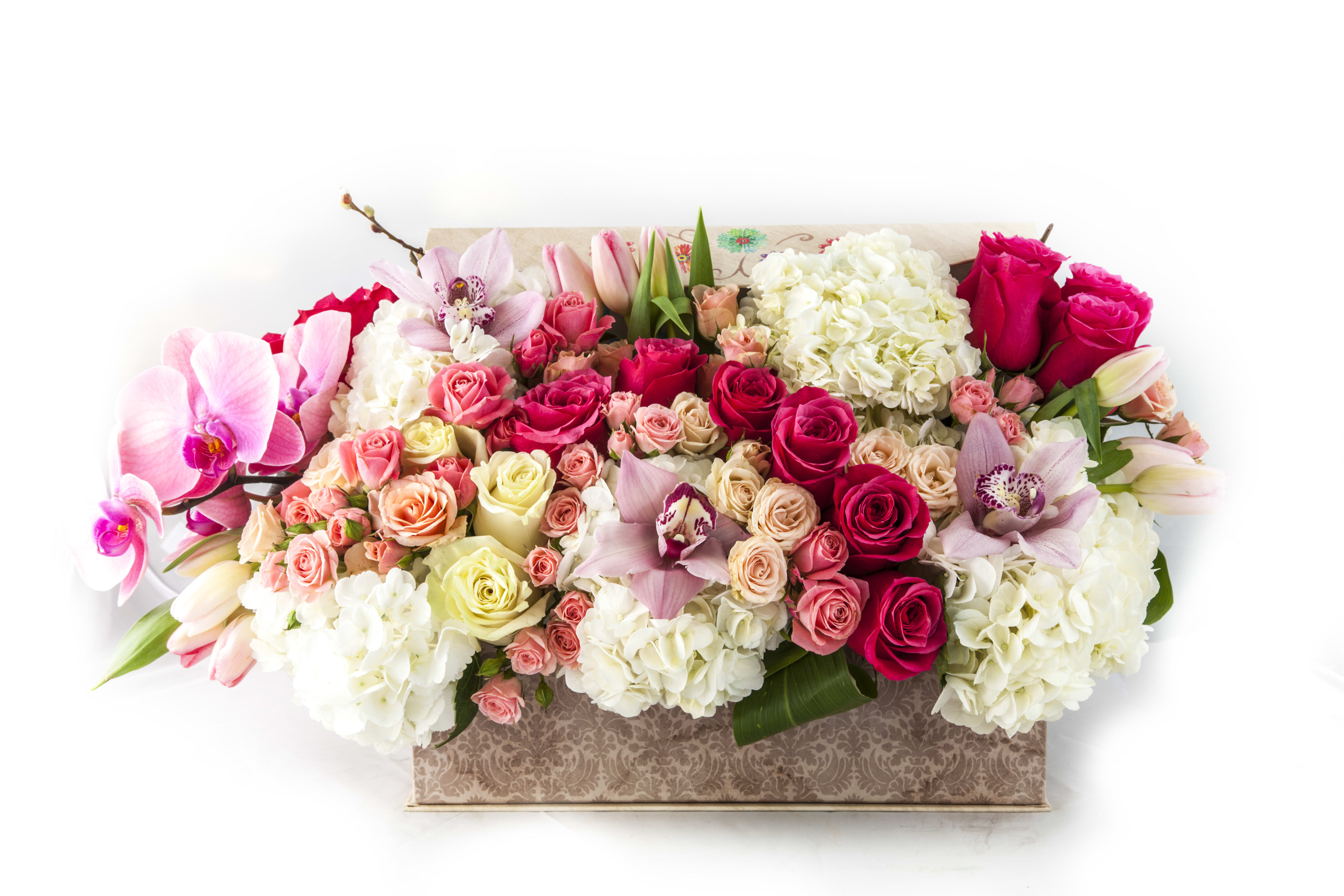 Mixed bouquet of pink roses, orchids, and white hydrangeas in a patterned box