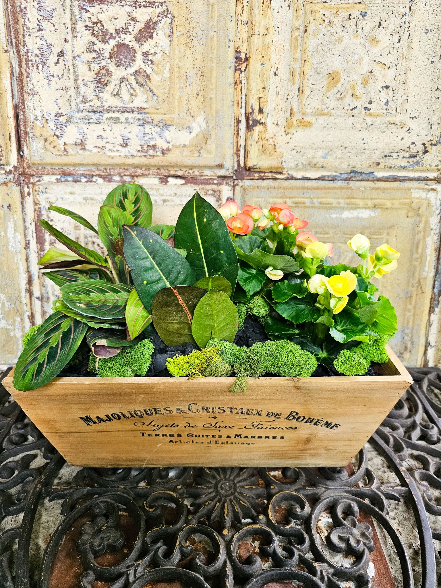 Mixed potted plants and yellow-orange blooms in a wooden box planter