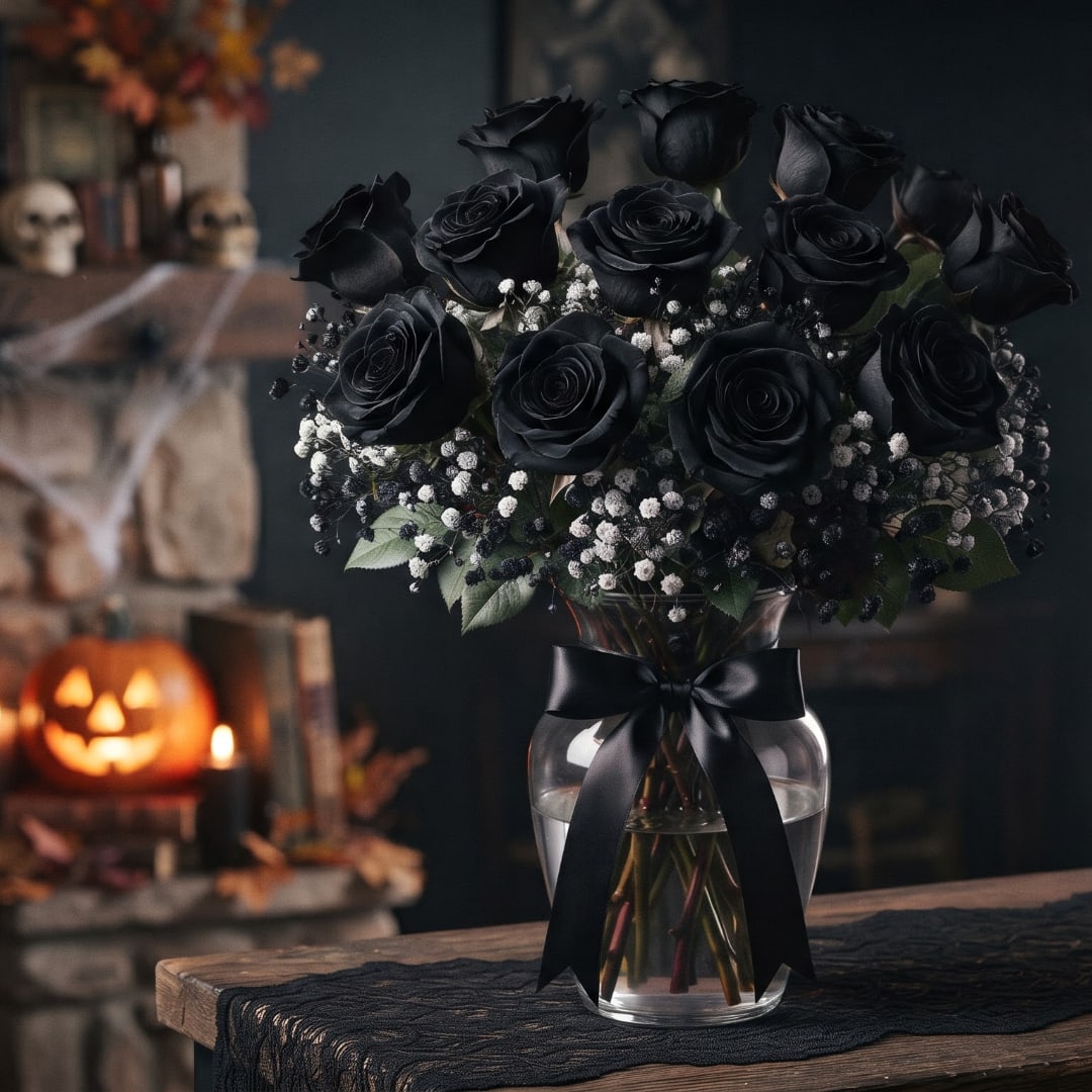 Black roses in a clear vase with a black ribbon bow